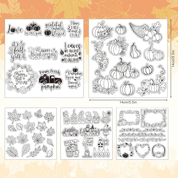 Whaline 5 Sheet Fall Thanksgiving Clear Stamps Autumn Leaves Pumpkin Gnome - Image 2