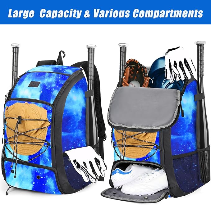 MATEIN Baseball Backpack, Softball Bat Bag with Shoes Compartment for Youth, Boys and Adult, Lightweight Baseball Bag with Fence Hook Hold TBall Bat, Batting Mitten, Helmet, Caps, Teeball Gear