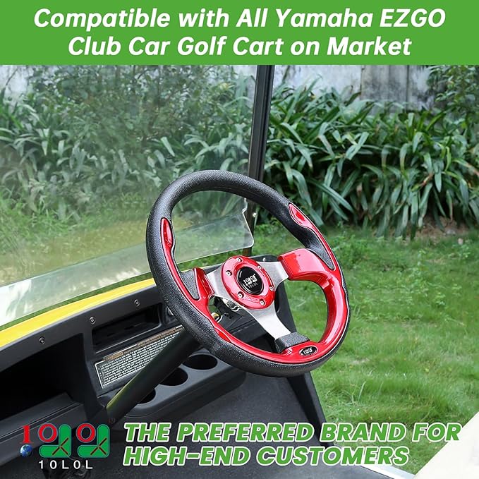 10L0L Golf Cart Steering Wheel, Universal Design Fit for Yamaha, EZGO RXV & TXT, Club Car DS, Club Car Precedent Tempo, Most Golf Cart(Red)