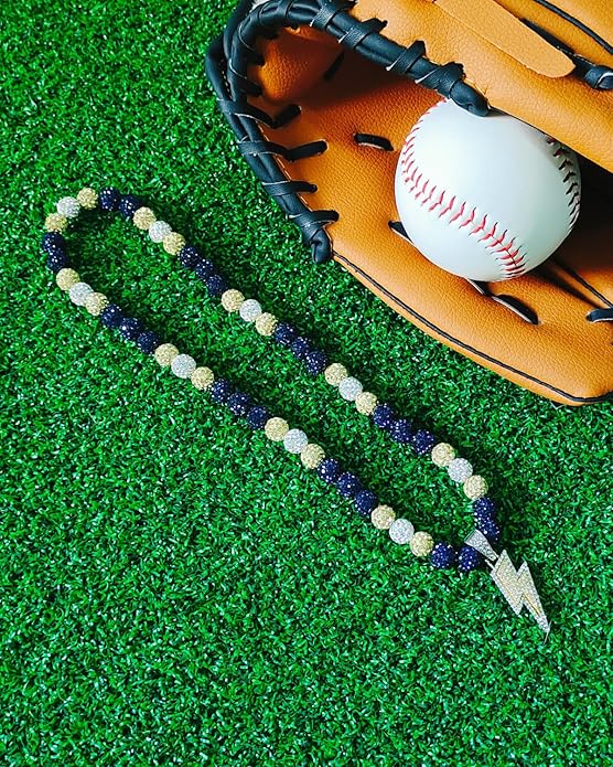 Baseball Necklace for Men 16/18/20 Inch Bling Ice Collection Lightning Bolt Pendant Necklace for Women Rhinestone Clay Beaded Discoball Accessories Gifts for Baseball Team Players Lovers