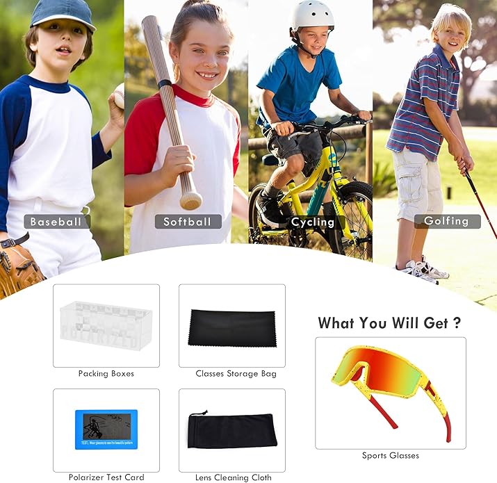 MVPTGRS Youth Baseball Sunglasses for Boys Girls Age 8-14 TR90 Frame Kids Sport Sunglasses for Softball Cycling Baseball Golf