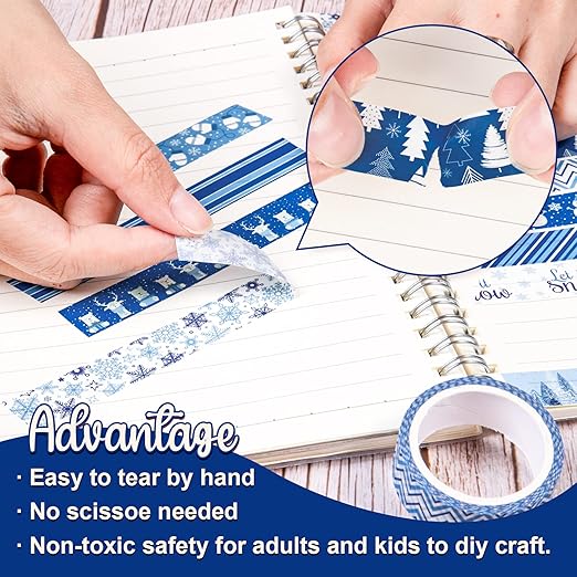Whaline 12 Rolls Winter Washi Tape Blue White Snowflake Snowman Holiday Masking - Image 3