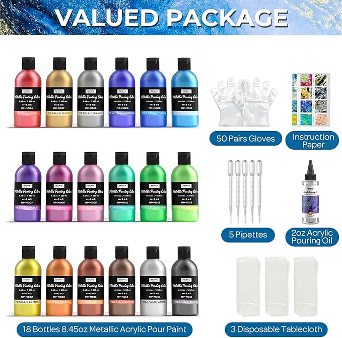 Nicpro 18 Colors 8.45oz Metallic Acrylic Pour Paint Supplies Kit, Large Volume - Image 3