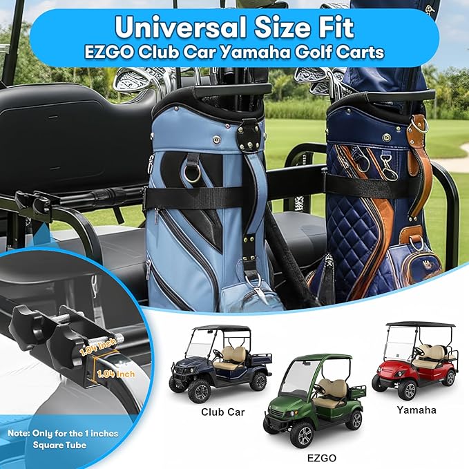 Kartols Golf cart Bag Holder Bracket No-Drilling Golf Club Holder for 2+2 Golf Cart Rear Seat for Yamaha, EZGO, Club Car, with 1 Inch Square Tube, Universal Golf cart Accessories Adjustable