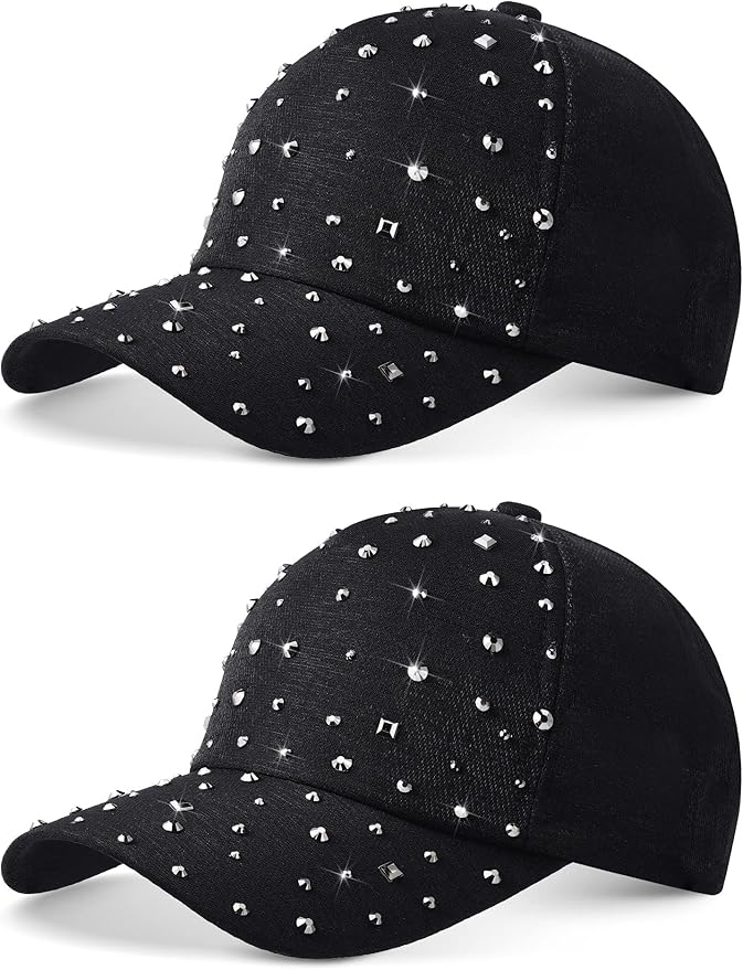 Loopeer 2 Pcs Adjustable Breathable Rhinestone Baseball Cap for Women Men Sequins Casual Sports Cap Rhinestone Hat