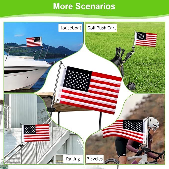 Golf Cart Adjustable Flag Holder, Universal Flagpole for EZGO Club Car Yamaha, Flag Bracket for 0.59-1.18" Round/Oval Square Rails Push Cart, UTV, ATV, Included USA Flags (12"×18")