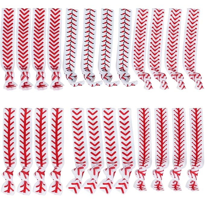 YKW 24 Pack Baseball Stitch Headbands Hair Ties No Crease Elastic Sports Seam Hair Accessories for Women Girls Players - Team Gifts Baseball Party Favors Red White Sports Ribbon Ponytail Holders
