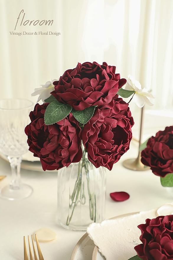 Floroom Artificial Flowers 16pcs 4" Burgundy Blooming Peonies Real Looking Foam - Image 4