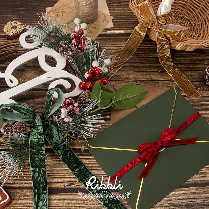 Ribbli Forest Green Velvet Ribbon 1 Inches Luxury Crinkled Green Christmas - Image 4