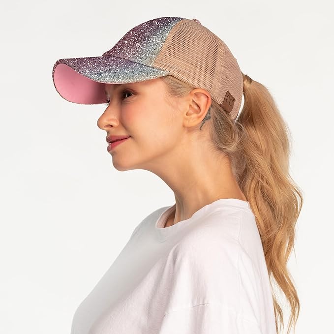 C.C Ponycap Messy High Bun Ponytail Adjustable Glitter Mesh Trucker Baseball Cap