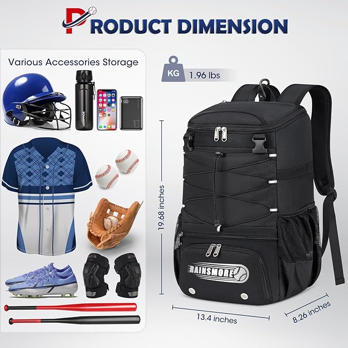 RAINSMORE Baseball Bag for Youth & Adult Lightweight Softball Bat Bag with Shoe Compartment, External Helmet Holder and Fence Hook Waterproof Baseball Backpack Hold T-Ball, Bat and Softball Equipment