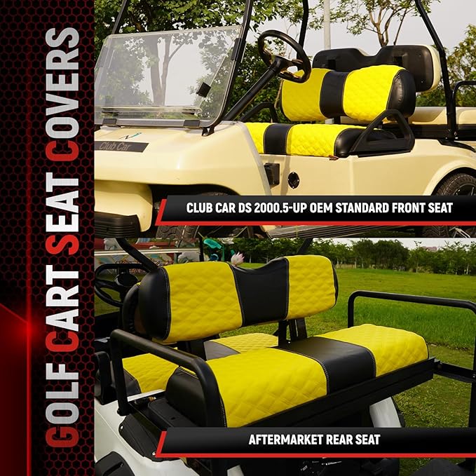 Golf Cart Seat Covers Front and Rear Waterproof and Sun Resistant Marine Grade Vinyl Leather Seat Cover Accessories for Club Car DS 2000.5-up, Yellow(4PCS)