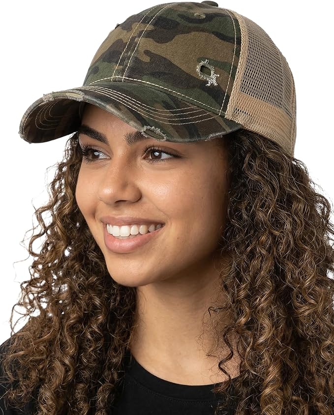 Funky Junque Trucker Hat for Women – Distressed Low Profile Western Camo Baseball Cap with Mesh, Trendy and Adjustable Fit