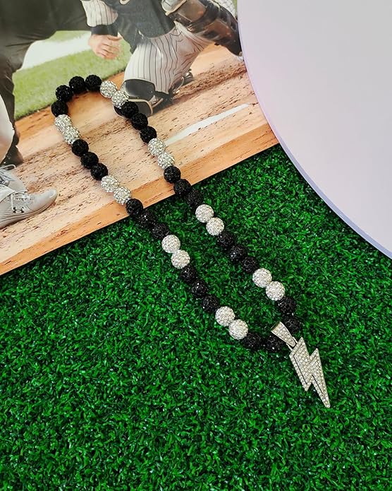 Baseball Necklace for Men 16/18/20 Inch Bling Ice Collection Lightning Bolt Pendant Necklace for Women Rhinestone Clay Beaded Discoball Accessories Gifts for Baseball Team Players Lovers
