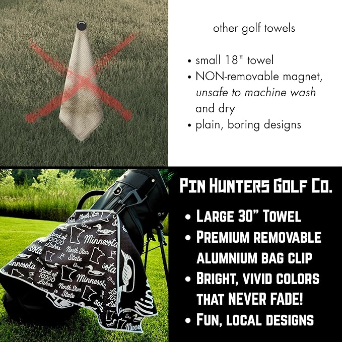 Pin Hunters Minnesota-Themed Microfiber Golf Towel | Premium Waffle Towel with Clip | Large 31"×15.5" Towel for Golf Bags | Accessories for Men | Fun Gift for Husband | USA Pride