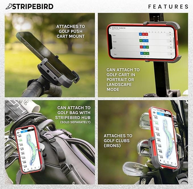 Stripebird - Magnetic Golf Cart Phone Holder - US Patented, Neodymium N52 Magnets - Golf Cart Phone Mount for iPhone & Samsung - Slim Golf Caddy Accessories for Men & Women