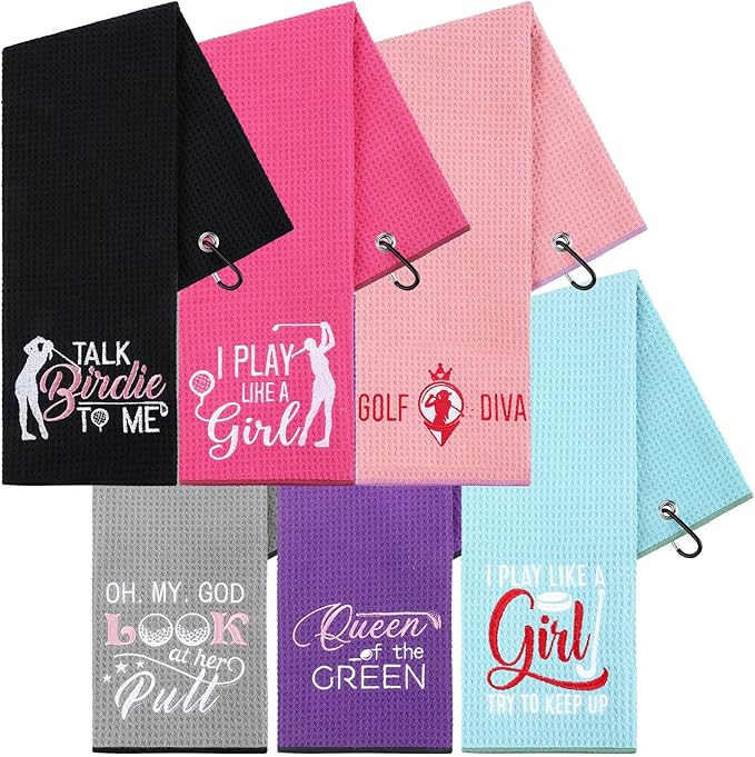 Moukeren 6 Pcs Funny Golf Towel for Women Mom Embroidered Ball Towel Gift Swing Swear 16 x 24 Microfiber Waffle for Golf Bag with Clip Accessories for Grandma Aunt Girlfriend Retirement Present