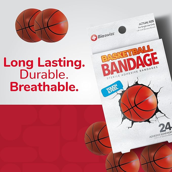 BioSwiss Bandages, Basketball Shaped Self Adhesive Bandage Set, Latex Free, Sterile Wound Care, 24 Count