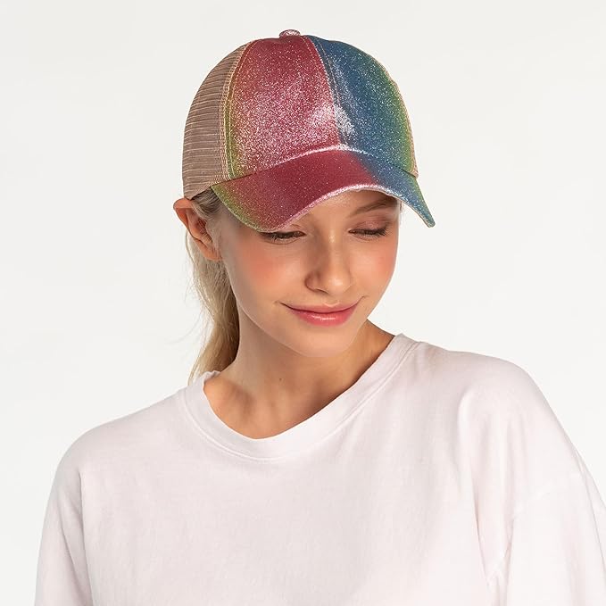 C.C Ponycap Messy High Bun Ponytail Adjustable Glitter Mesh Trucker Baseball Cap