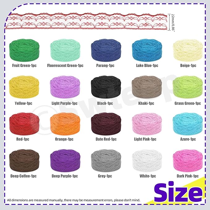 Swpeet 20 Rolls in Total 200 Yards 2.2cm×10 Yards Colorful Lace Ribbon - Image 2