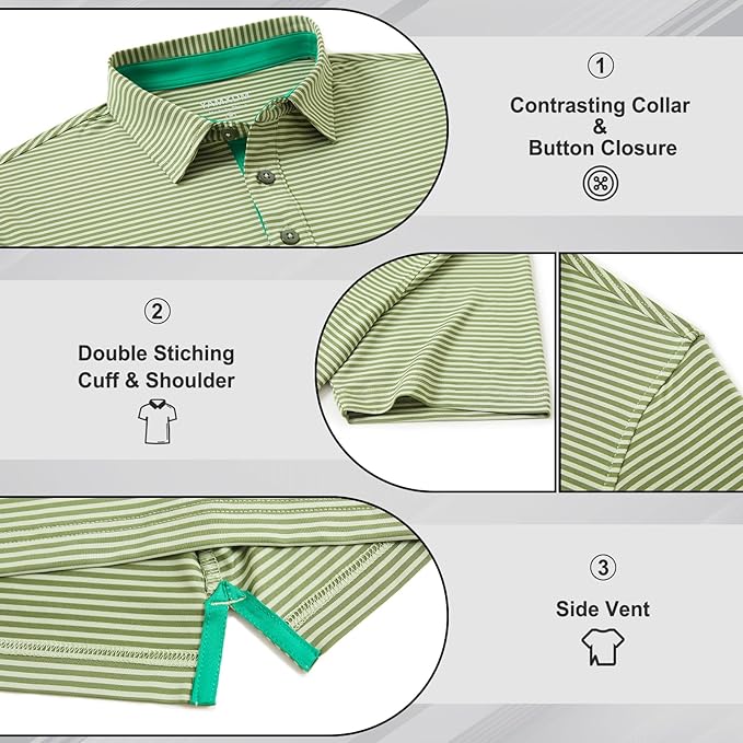Golf Shirts for Men - Moisture Wicking Short Sleeve Performance Sport Casual Striped Collared Mens Polo Shirt
