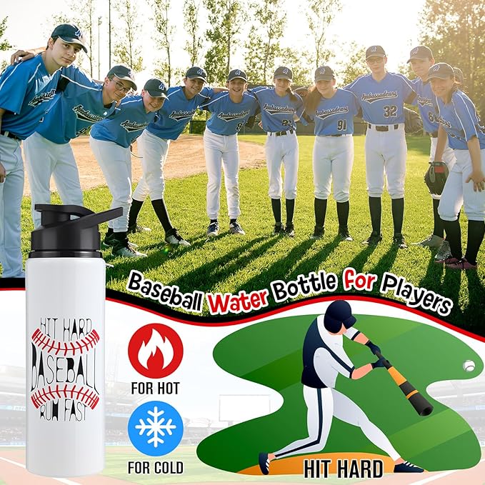 Hushee 12 Pcs 25 oz Baseball Water Bottles Bulk Aluminum Sport Bottles with Leakproof Lid Baseball Gift for Team Men Players Fan Coach(Hit Hard)