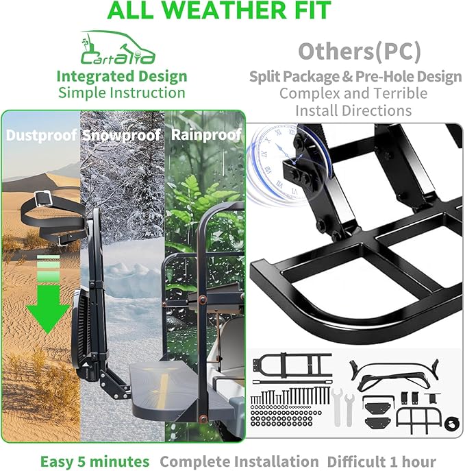 2-in-1 Foldable Metal Steel Golf Cart Rear Seat Bag Holder, Upgraded Stepboard Rack Attachment for EZGO Club Car Yamaha, Fits Normal 8'' Wide & 24.2" Widening Safety Grip Bar, No-Drill