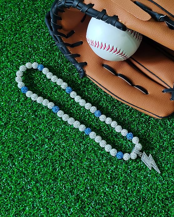 Baseball Necklace for Men 16/18/20 Inch Bling Ice Collection Lightning Bolt Pendant Necklace for Women Rhinestone Clay Beaded Discoball Accessories Gifts for Baseball Team Players Lovers