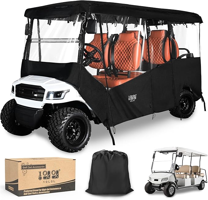 10L0L Golf Cart Enclosures Fits 6 Passenger Golf Cart Rain Cover, 600D Waterproof Driving Enclosure with Clear PVC Windshield for Extended Roof Golf