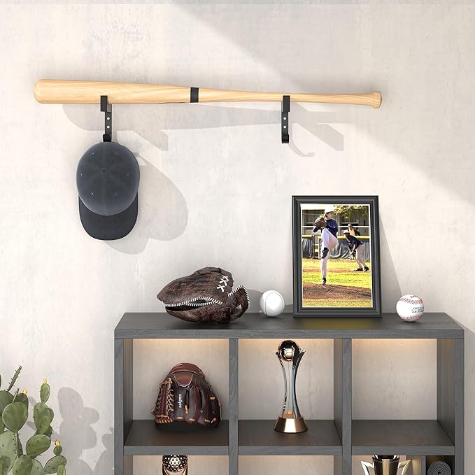 Baseball Bat & Cap Holder Wall Mount:Black Wood&Iron Bat Display Hanger with Hooks for Caps and Gloves,Wall Hanging Hooks for Living Room,Bedroom,Entryway,Garage,Gift for Baseball Fans
