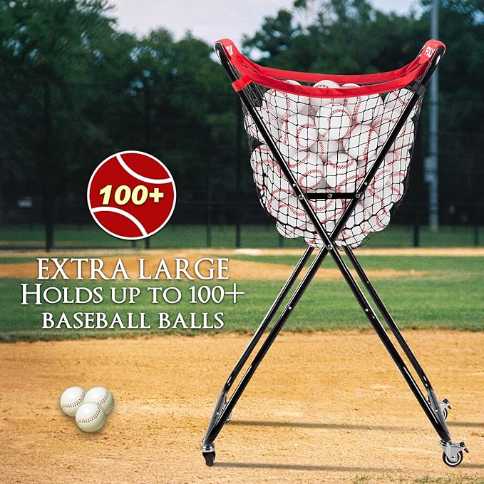 Baseball Caddy with Wheels, Holds 100+ Baseballs or 50+ Softballs, Extra Large Ball Caddy for Baseball and Softball Drills, Easy Set Up and Carrying, Ball Caddy for Outdoor/Indoor