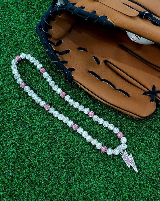 Baseball Necklace for Men 16/18/20 Inch Bling Ice Collection Lightning Bolt Pendant Necklace for Women Rhinestone Clay Beaded Discoball Accessories Gifts for Baseball Team Players Lovers