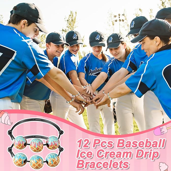 Kigeli 12pcs Baseball Ice Cream Drip Charm Bracelets Adjustable Sport Wristbands with Ice Cream Drip Beads Baseball Team Gifts for Women Men