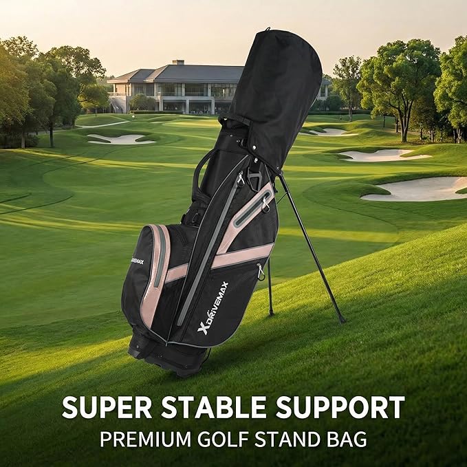 XDriveMax Golf Stand Bag with Accessory Pack, Lightweight 8-Way Top Dividers Golf Bag with Stand, Includes Insulated Cooler Pocket, Dual Strap & Rain Cover