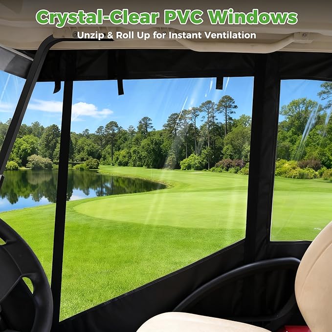 10L0L 2/4/8 Passenger Golf Cart Enclosure for Club Car Precedent/Tempo/Onward, 600D Waterproof Golf Cart Rain Cover, Driving Enclosure with 4-Sided Clear Windows Roll-up Door Black -Roof 58"-141"