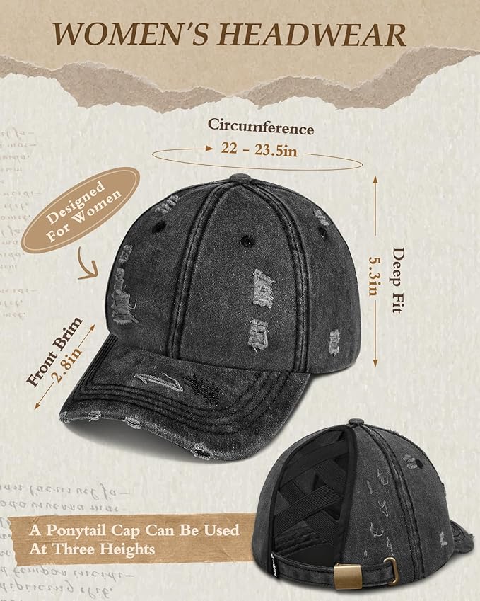 Flafens Women Pony Hats High Ponytail Baseball Caps - Cotton Vintage Washed Distressed Adjustable Criss Cross Trucker Hat