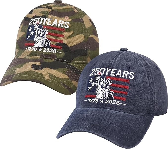 2 Pack USA 250th Anniversary Washed-Cotton Baseball Cap Patriotic Hat American 250 Year Merchandise for Men Women