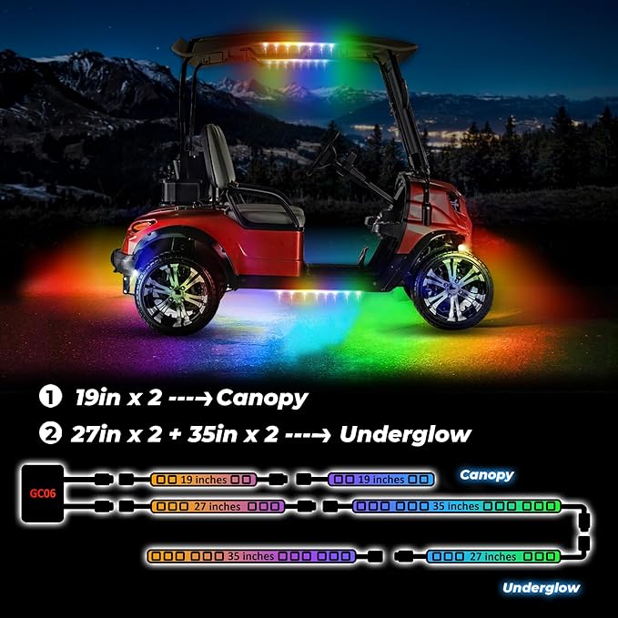 6PCS 12V-72V Golf Cart Lights, RGB Led Underglow Light Kit with 2 Remotes and App Control, Voltage Reducer, Waterproof, Sound Active, Battery Drain Protect Kill Switch Golf Cart Led Lights