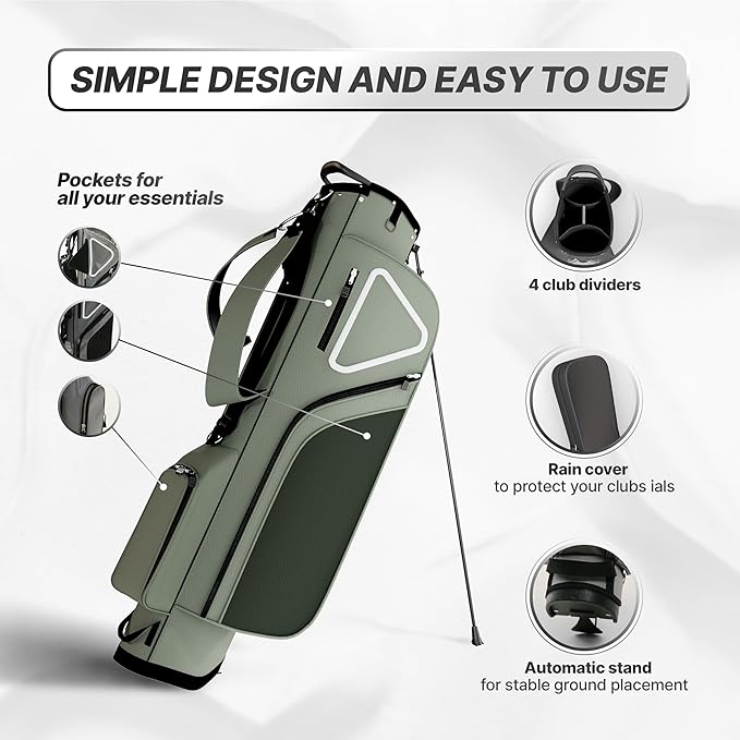 Ultra-Lite Golf Stand Bag - 3 Lbs, 4 Way Divider Portable Golf Club Carry Bag, Water-Repellent Golf Travel Case with Rain Hood, Golf Gifts for Men and Women