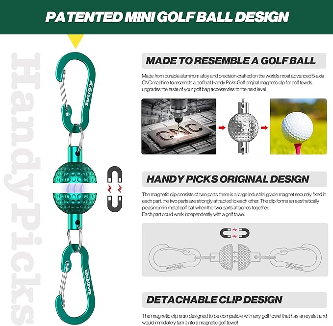 Handy Picks Magnetic Golf Towel Clip – Patented Mini Golf Ball Design – Convert Any Golf Towel with Eyelet into Magnetic Towel – Strong Magnet Holder for Cart, Bag & Clubs