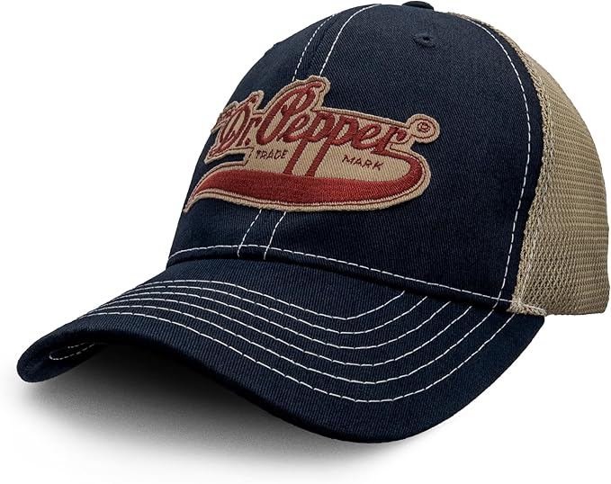Tee Luv Vintage Drink Dr Pepper Hat - Mesh Back Dr Pepper Soda Baseball Cap (Navy and Beige)