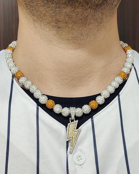 Baseball Necklace for Men 16/18/20 Inch Bling Ice Collection Lightning Bolt Pendant Necklace for Women Rhinestone Clay Beaded Discoball Accessories Gifts for Baseball Team Players Lovers