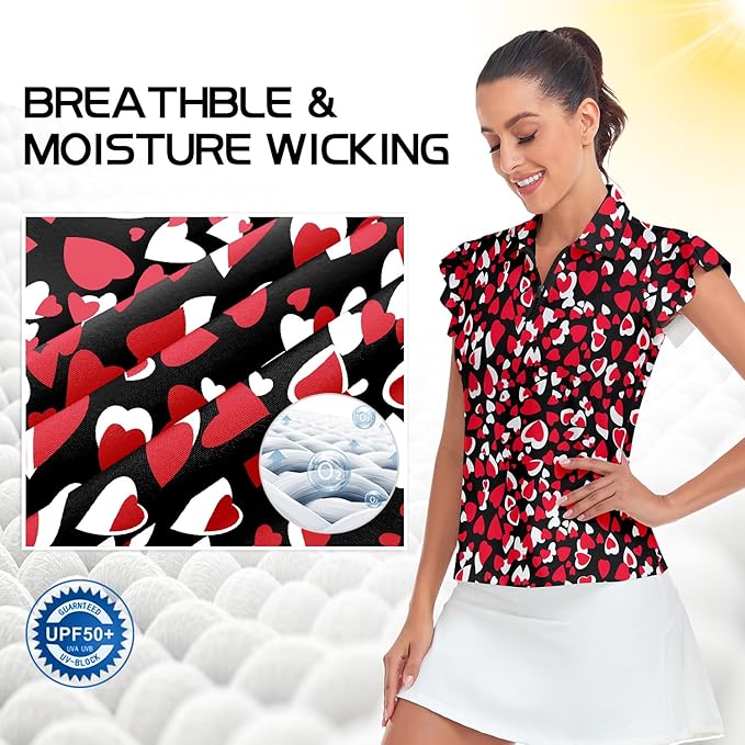 Soneven Womens Petal Sleeve Golf Shirts Moisture Wicking Lady Golf Apparel Print Tennis Sport T Shirt
