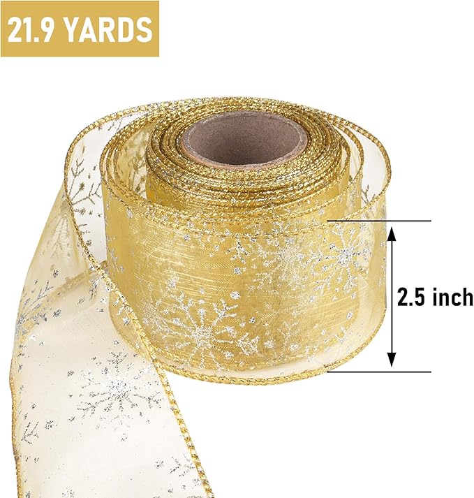 2.5 Inch Wide Christmas Wired Ribbon Snowflake Organza Sheer Glitter Ribbon - Image 2