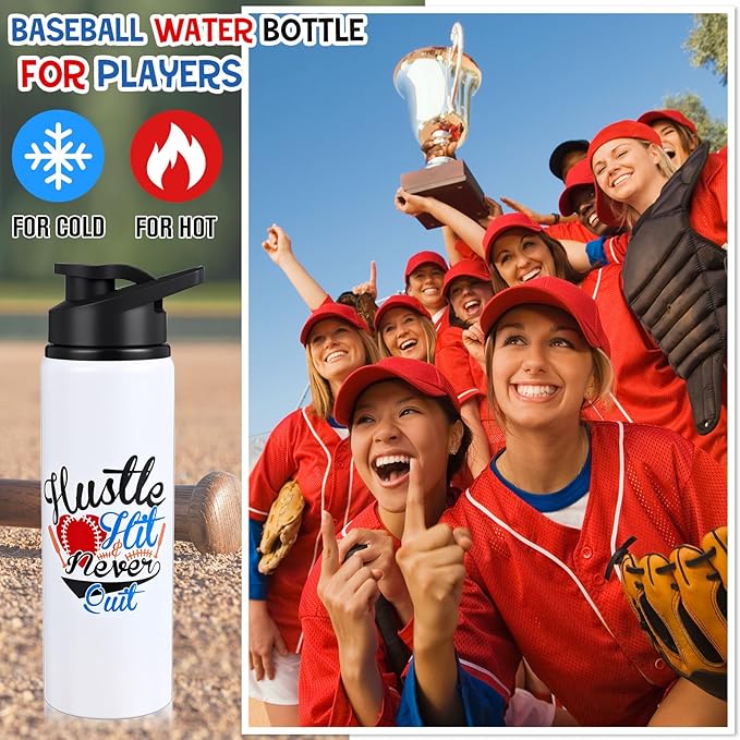 Hushee 12 Pcs 25 oz Baseball Water Bottles Bulk Aluminum Sport Bottles with Leakproof Lid Baseball Gift for Team Men Players Fan Coach(Hustle Hit)