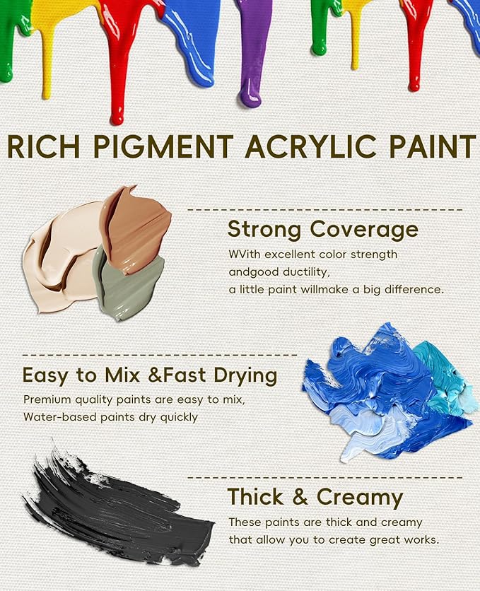 50 Color Acrylic Paint Set, 2oz Bottles, Rich Pigmented Canvas Paint - Image 2