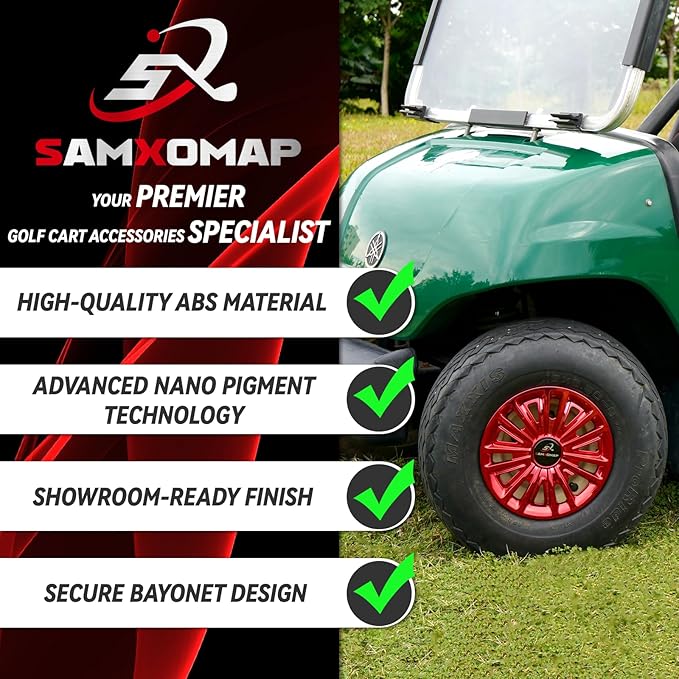Golf Cart Hub Caps 8 Inch for EZGO/Club Car/Yamaha (Excludes EZGO RXV) Golf Cart Wheels and Tires, Snap-On Installation Wheel Covers Accessories, Premium ABS Plastic, Set of 4, Red
