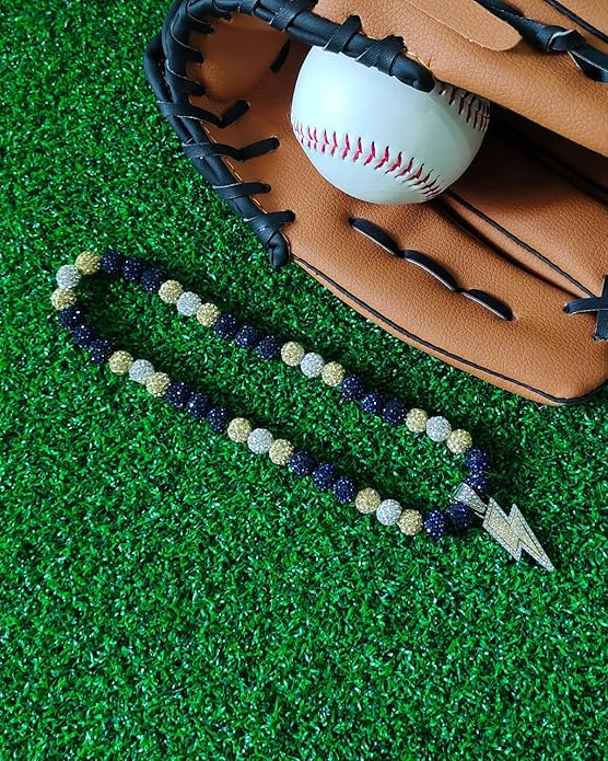Baseball Necklace for Men 16/18/20 Inch Bling Ice Collection Lightning Bolt Pendant Necklace for Women Rhinestone Clay Beaded Discoball Accessories Gifts for Baseball Team Players Lovers