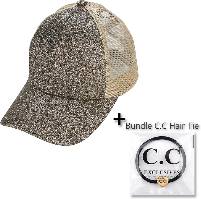 C.C Ponycap Messy High Bun Ponytail Adjustable Glitter Mesh Trucker Baseball Cap