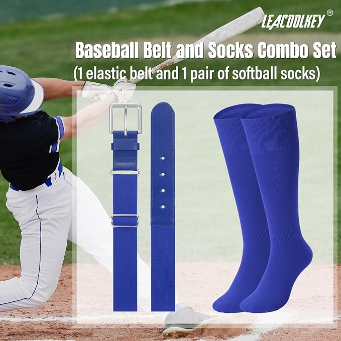 LEACOOLKEY Baseball Belt and Socks Combo Set Adjustable Softball Socks and Elastic Belt for Youth and Adult